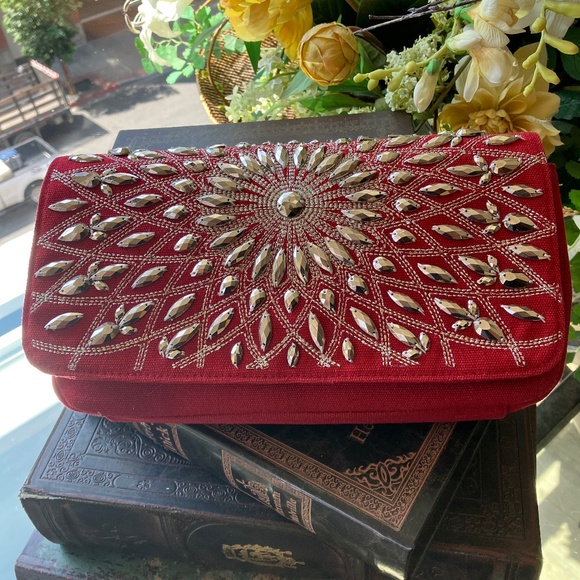 WHBM Evening Bag Red/Silver Jeweled with Silver Chain Shoulder Strap - Picture 3 of 4